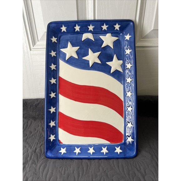 VTG American Flag Patriotic Chips & Dip Platter 4th Of July 16”x 10.5” x 1” Home - Picture 3 of 13